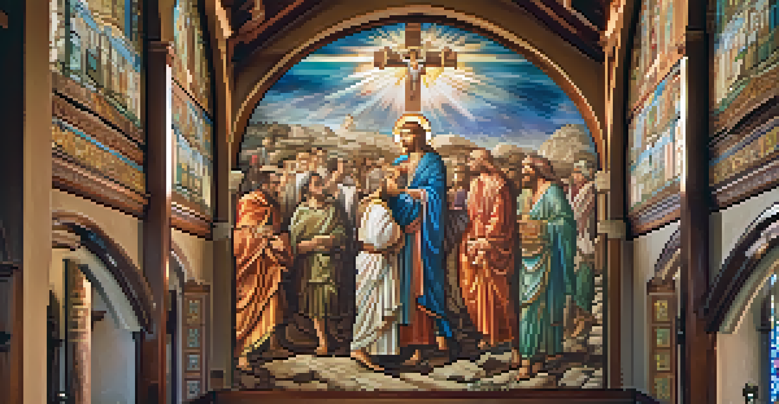 A grand mural painting in a church, depicting a biblical scene in rich colors, with natural light filtering through stained glass.