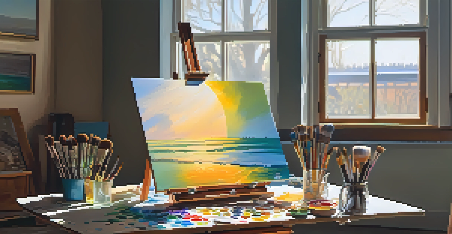 An artist's easel in a sunlit studio with a vibrant canvas and colorful palette.