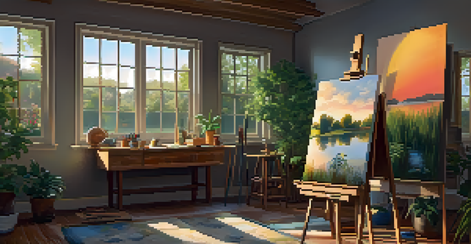An artist's studio with a window, filled with light, featuring a colorful sunset painting on an easel, surrounded by plants and art supplies.
