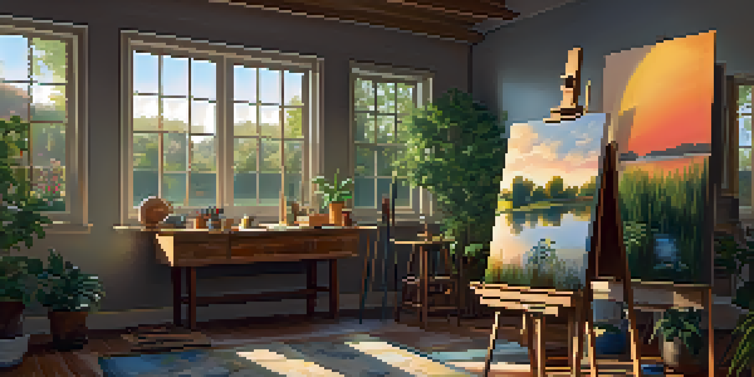 An artist's studio with a window, filled with light, featuring a colorful sunset painting on an easel, surrounded by plants and art supplies.