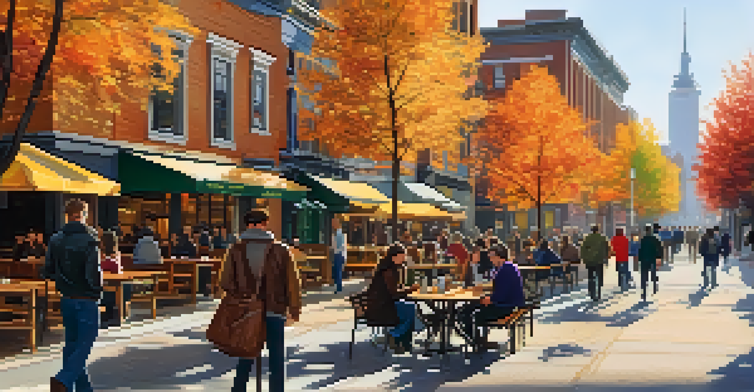 A busy city street in autumn with colorful trees, people walking, and a café with outdoor seating, creating a lively atmosphere.