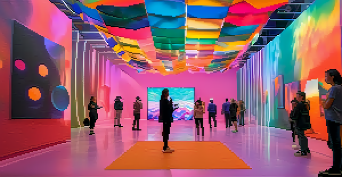 A spacious gallery featuring a colorful virtual reality art installation with floating geometric shapes and vibrant lights, designed to engage visitors in a sensory experience.