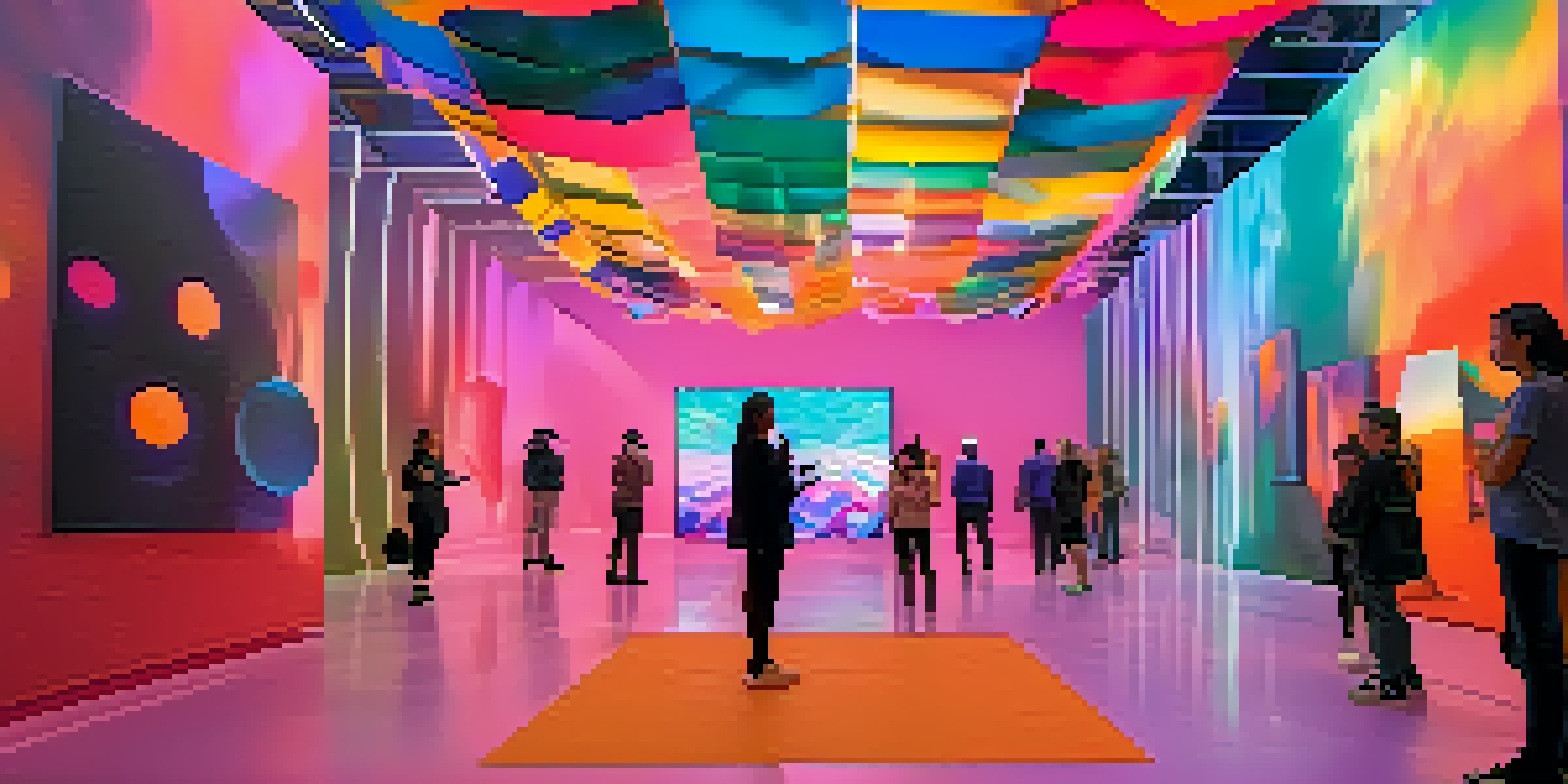 A spacious gallery featuring a colorful virtual reality art installation with floating geometric shapes and vibrant lights, designed to engage visitors in a sensory experience.