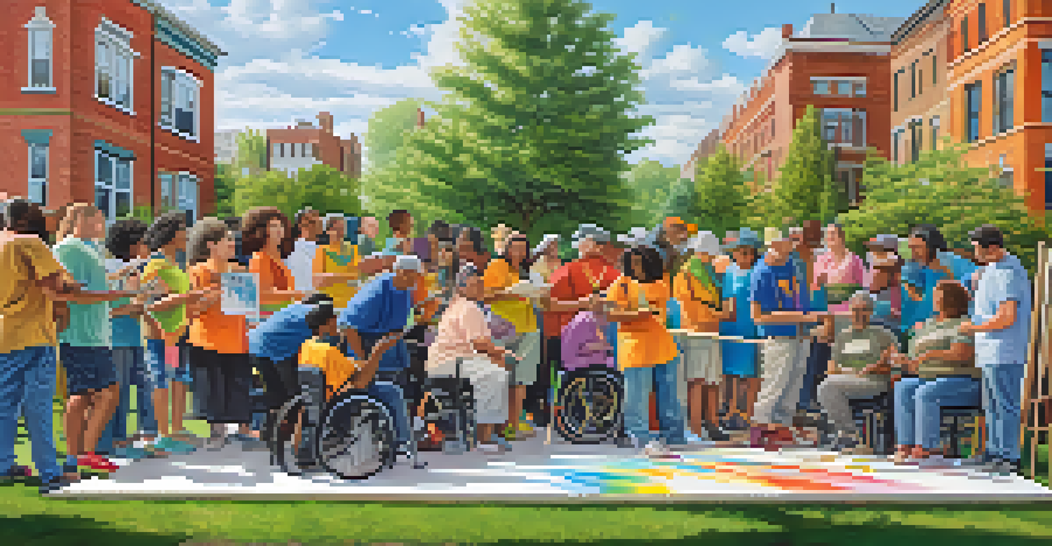 A diverse group of artists, including individuals with disabilities, working together on a colorful outdoor mural.