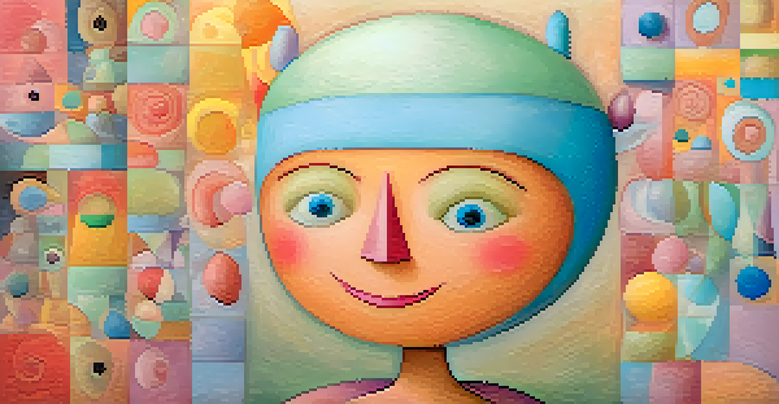 A whimsical character with oversized features and bright colors, set against a soft pastel background, inspired by Paul Klee.