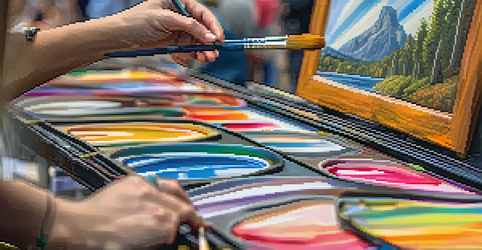 A local artist painting at an art festival, with colorful paint and people in the background.