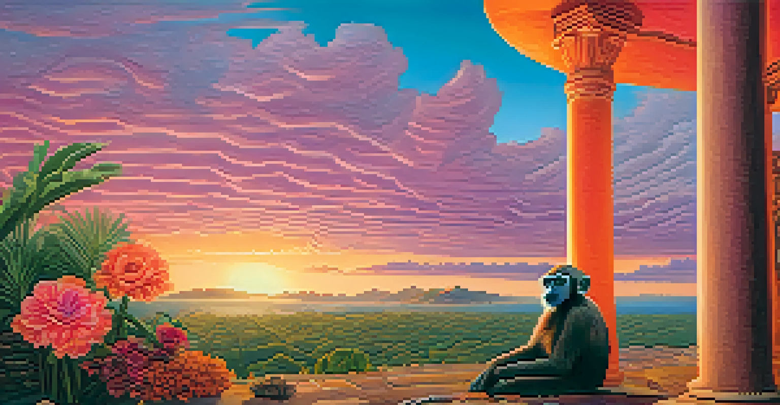 A surreal landscape featuring a broken column, vibrant flowers, and a monkey beside a woman under a colorful sunset sky.
