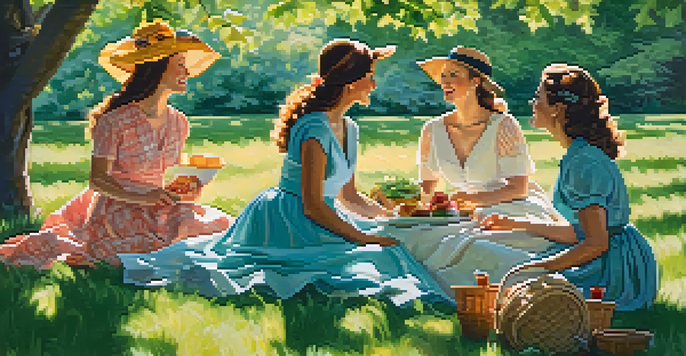 A painting of women enjoying a picnic in a sunlit park, surrounded by greenery and flowers.