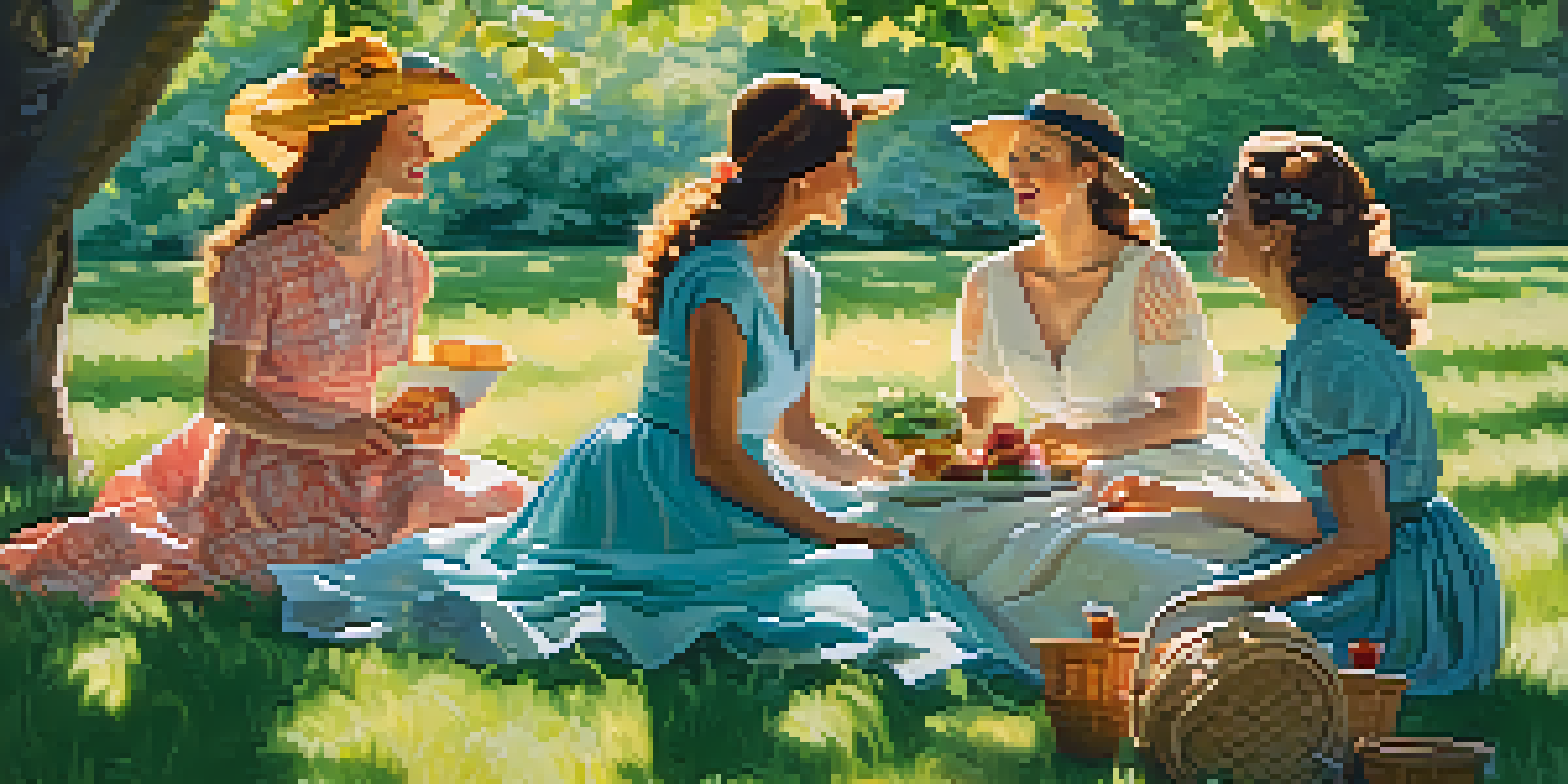 A painting of women enjoying a picnic in a sunlit park, surrounded by greenery and flowers.