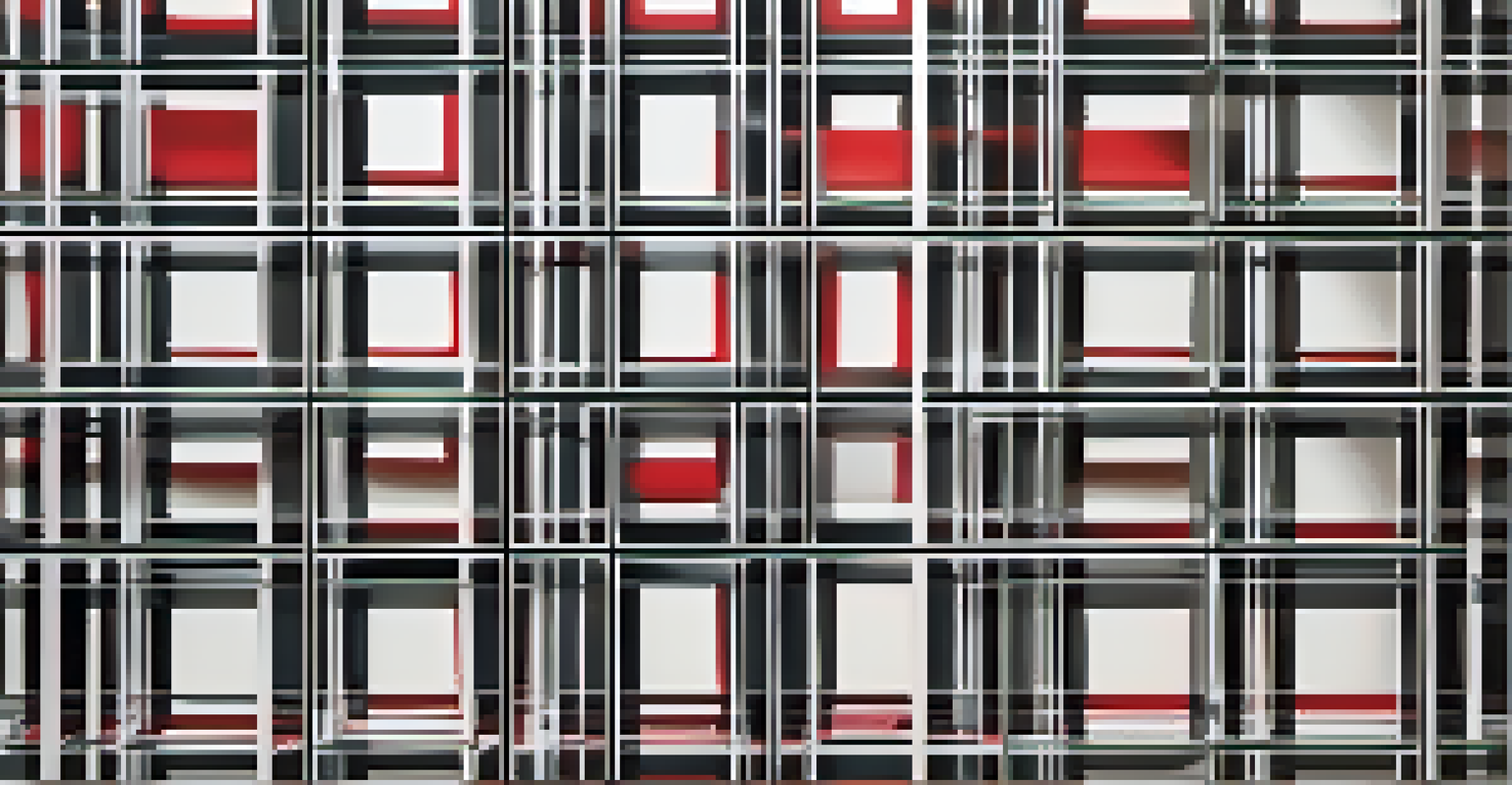 A minimalist artwork featuring a grid of black and white squares with a prominent red square in the center.