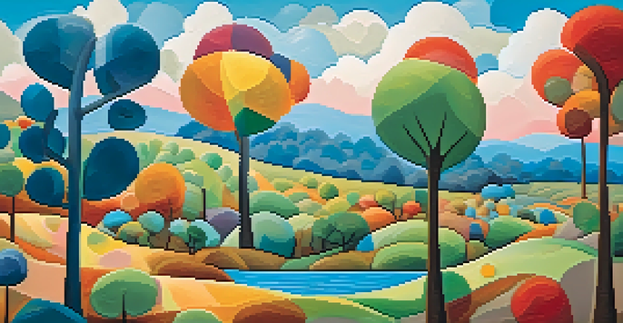 A colorful abstract landscape with geometric trees, a winding river, and a bright blue sky, reminiscent of Paul Klee's style.