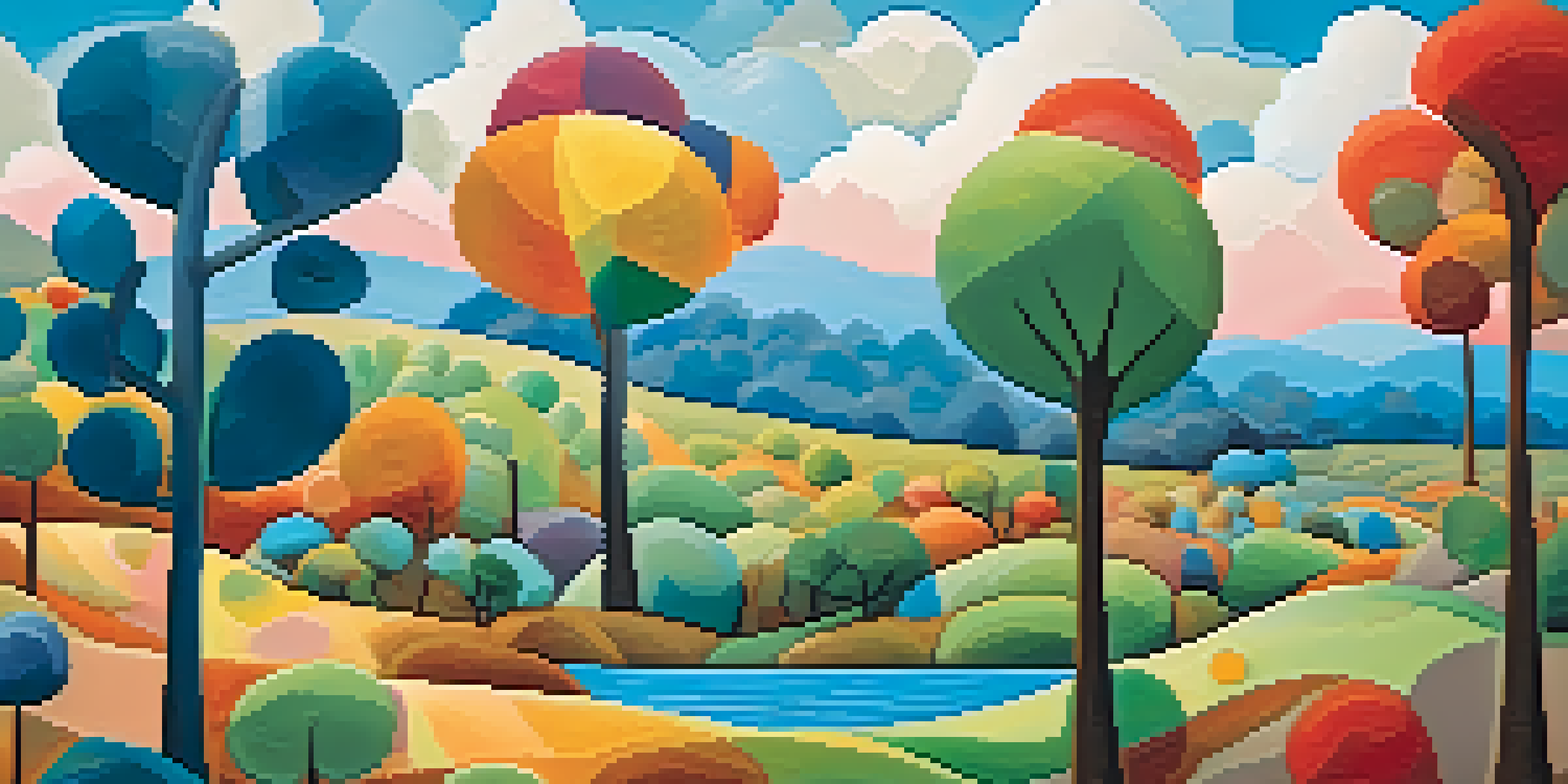 A colorful abstract landscape with geometric trees, a winding river, and a bright blue sky, reminiscent of Paul Klee's style.