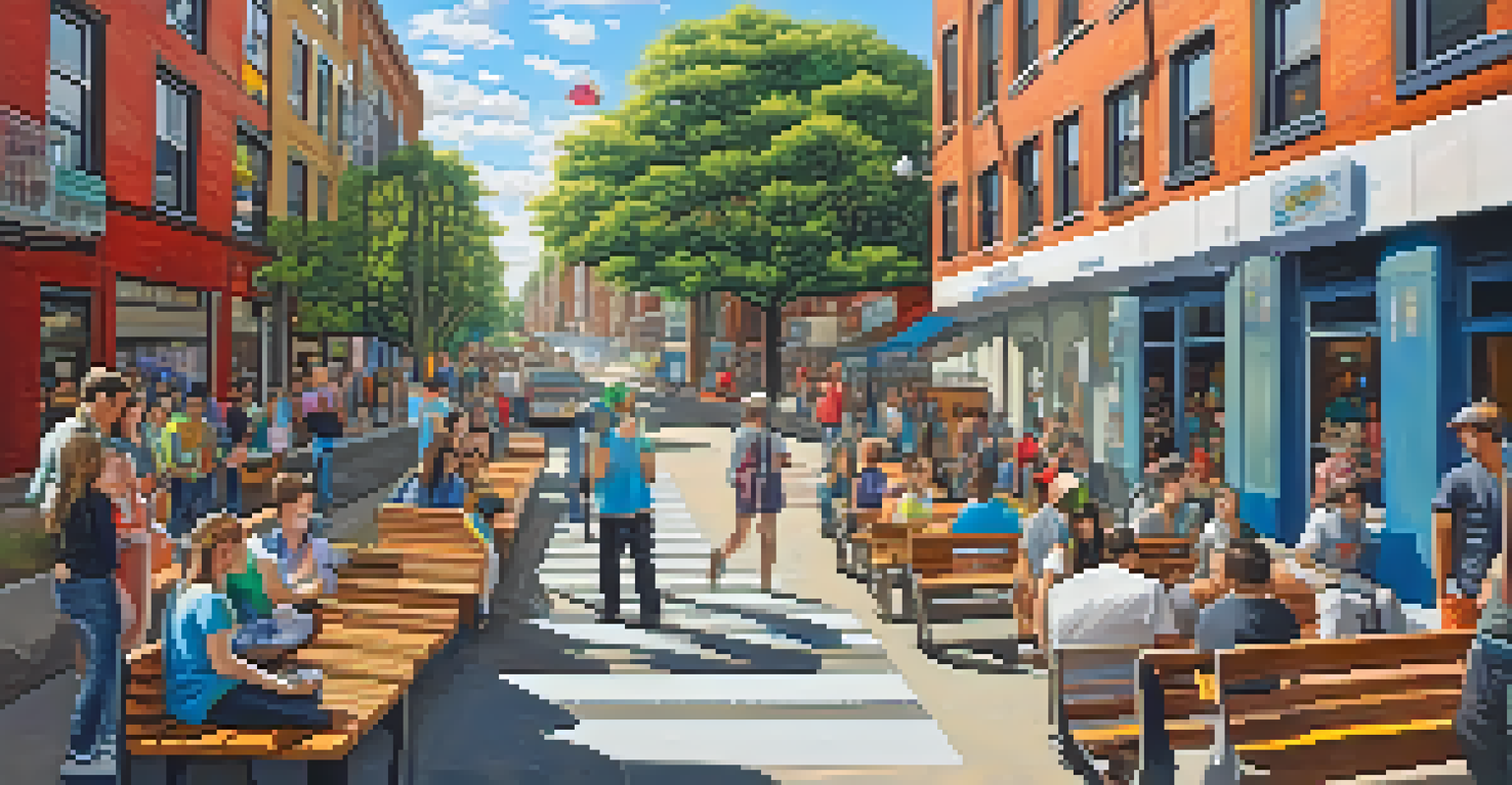 A panoramic view of a city street adorned with large-scale street art murals, showcasing vibrant colors and community interaction.