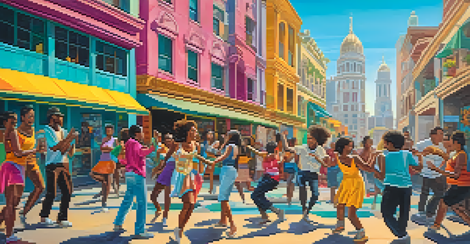 A colorful mural illustrating an urban setting with people dancing, painting, and playing music under warm sunlight.