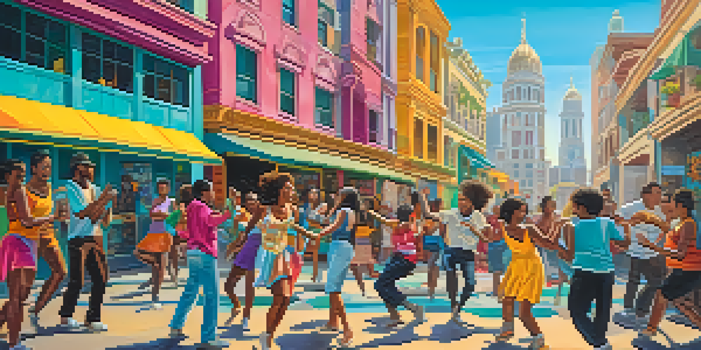 A colorful mural illustrating an urban setting with people dancing, painting, and playing music under warm sunlight.