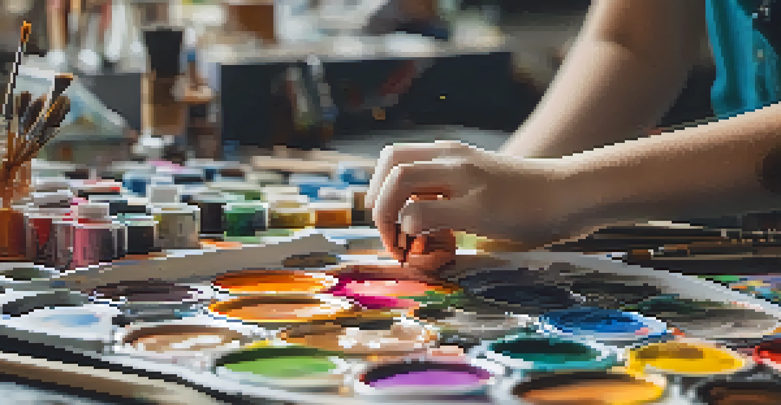 A close-up of hands painting on a canvas, with an array of colorful paints and brushes on the table.