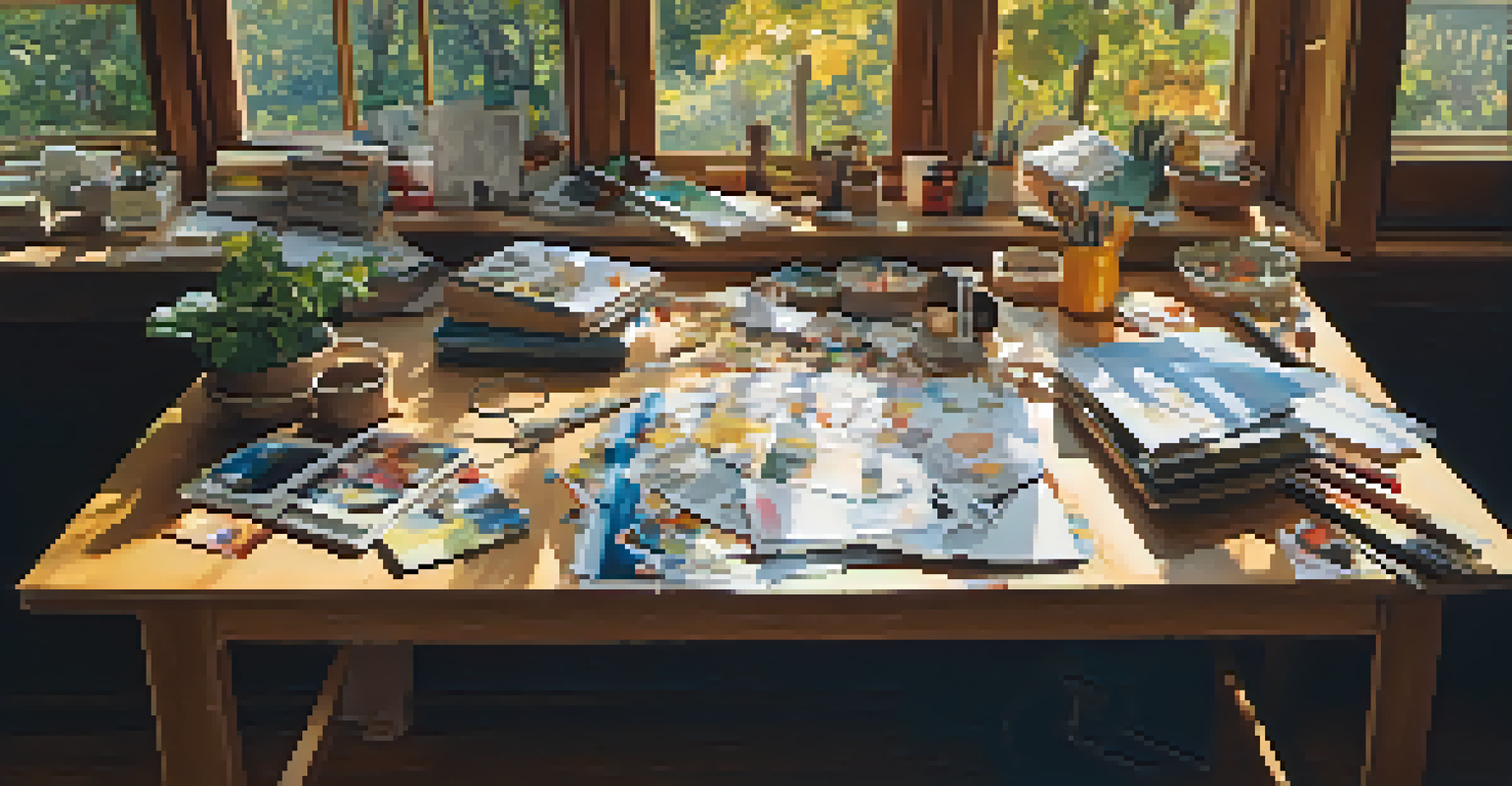An artist's workspace showcasing collage materials like magazines and leaves, with a partially completed collage and warm sunlight illuminating the scene.