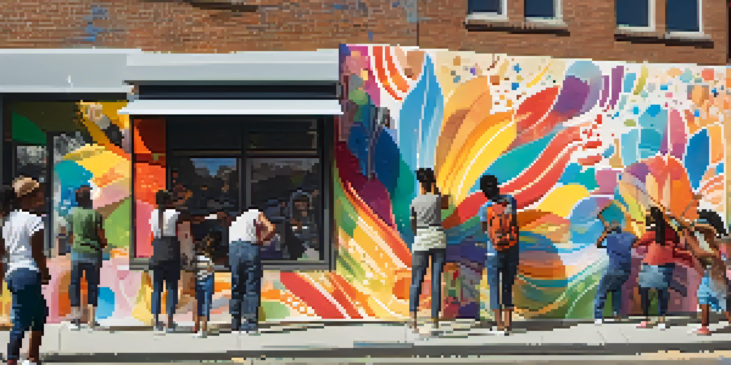 A group of young artists from diverse backgrounds collaboratively painting a colorful mural under the sunlight, with spectators in the background.