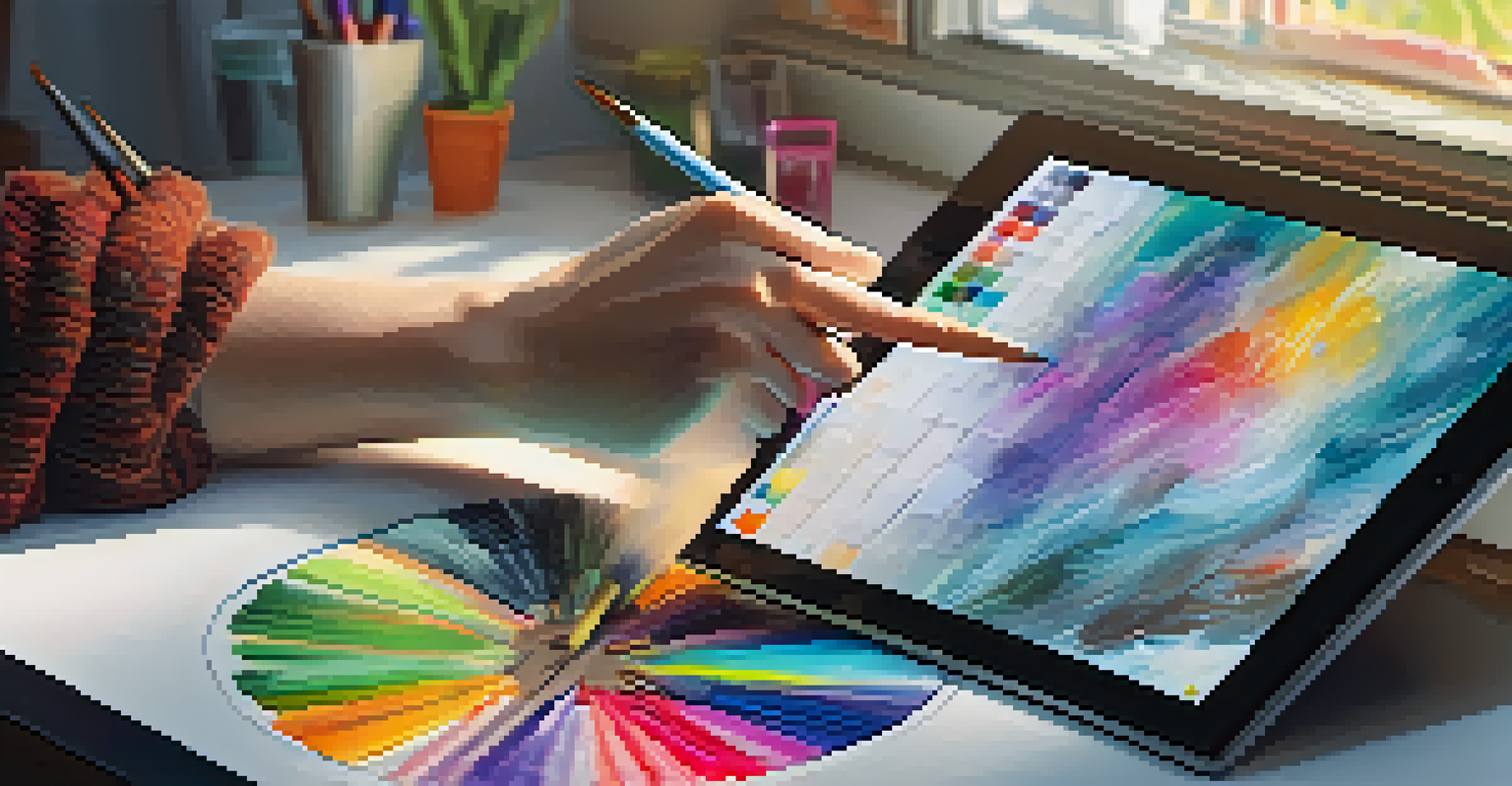 An artist's hand creating a vibrant NFT artwork on a digital tablet, with art supplies surrounding them in a well-lit workspace.