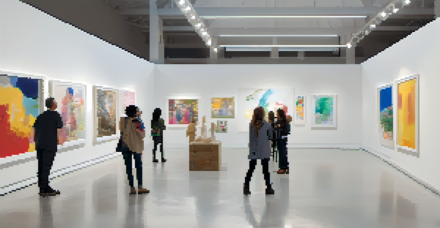 A modern gallery exhibition displaying diverse artworks by women artists, with visitors engaging with the pieces.