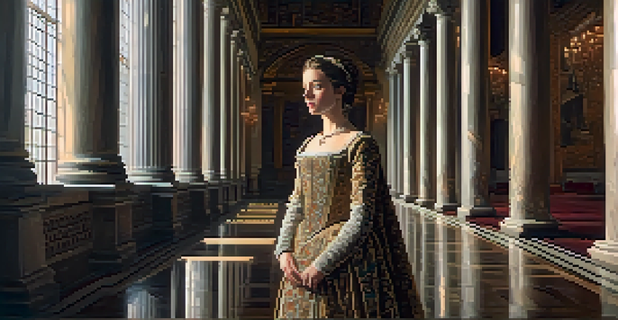 A Renaissance portrait of a noblewoman in an embroidered gown, standing in a grand hall with warm light and ornate background.