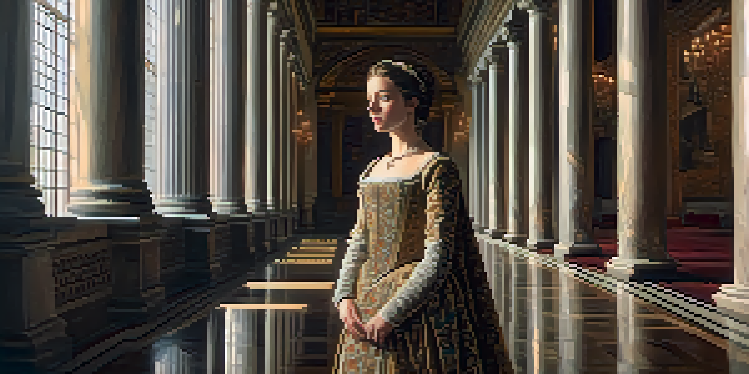 A Renaissance portrait of a noblewoman in an embroidered gown, standing in a grand hall with warm light and ornate background.
