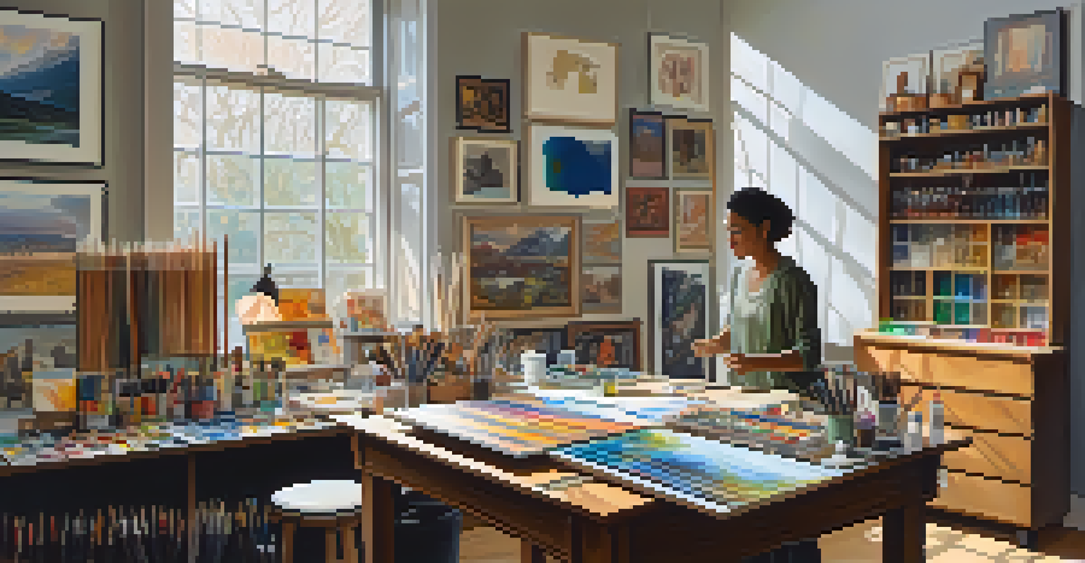 An artist's studio with various art supplies and canvases, featuring works that reflect themes of migration and social justice, bathed in natural light.