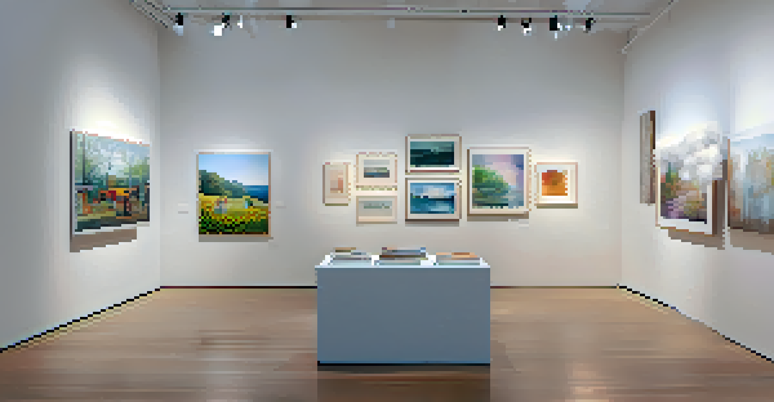 An art gallery displaying contemporary works from a collective, with visitors interacting and admiring the pieces under soft lighting.