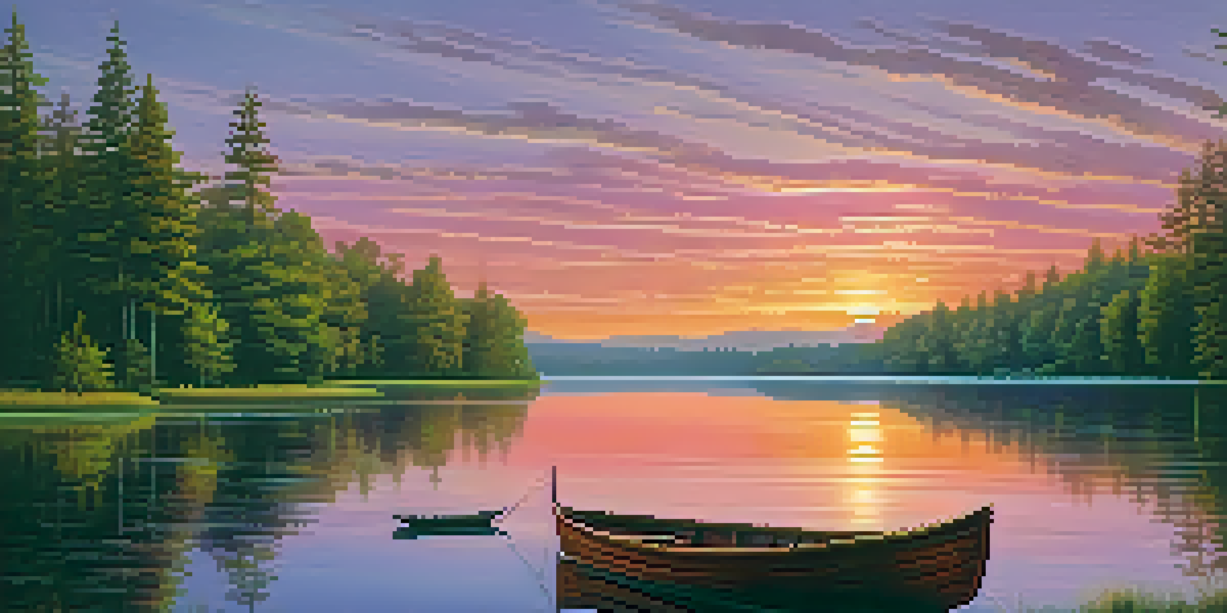 A peaceful sunset landscape with a colorful sky over a calm lake and a wooden boat.