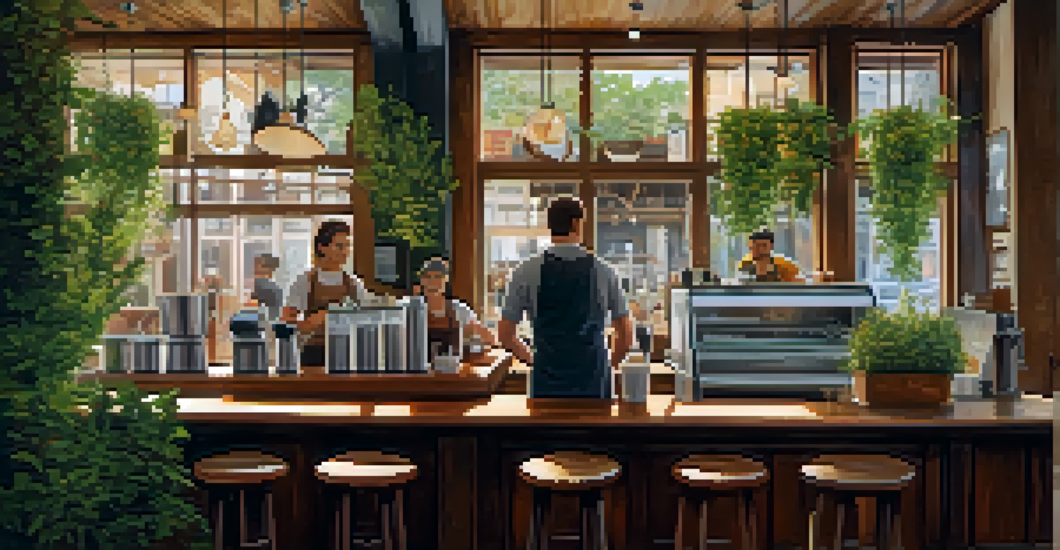 A cozy coffee shop with a wooden interior, barista preparing a latte, and patrons enjoying drinks at small tables.