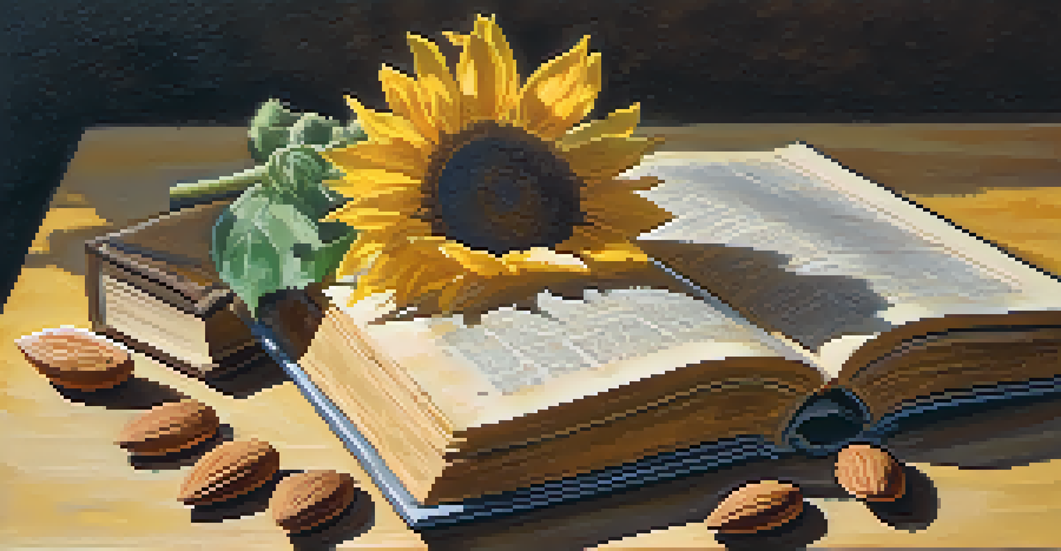 A serene still life with a wilting sunflower, scattered almonds, and an open vintage book on a rustic wooden surface, bathed in warm golden light.