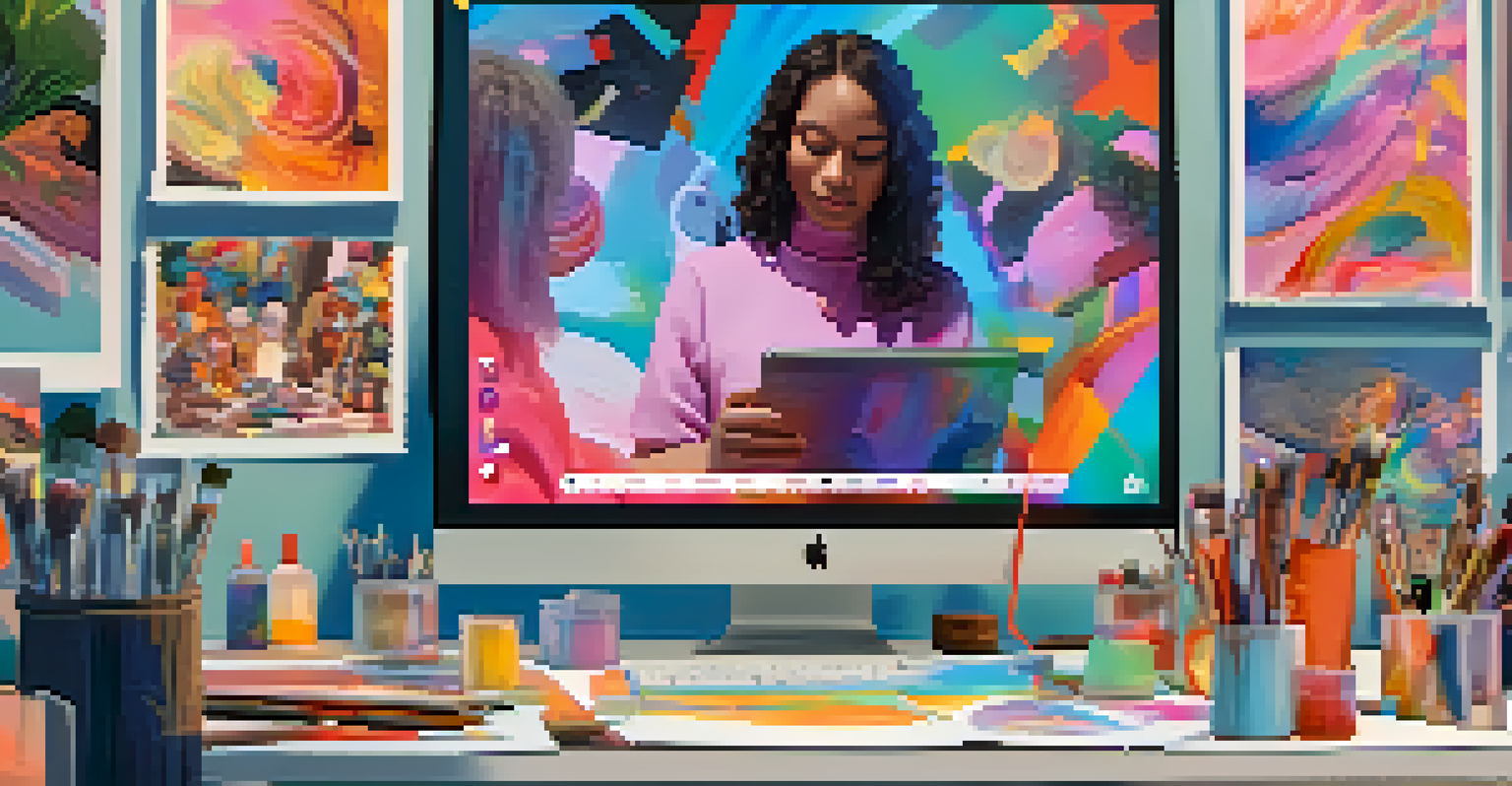 A group of artists collaborating on digital art during a video call, engaging with colorful artwork on their screens.