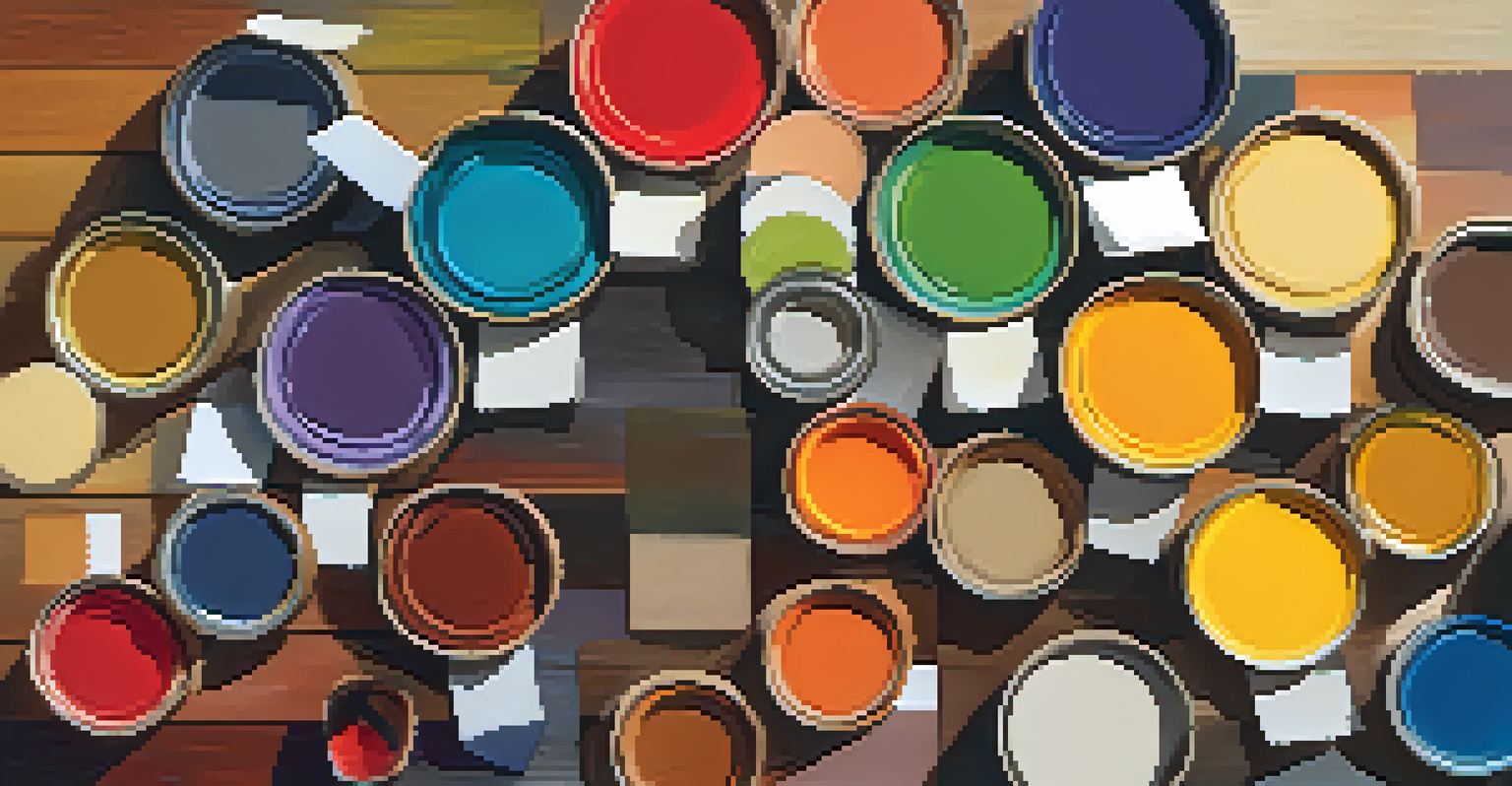 A collection of colorful paint swatches arranged in a circle on a wooden table with sunlight creating gentle shadows, accompanied by small jars of eco-friendly additives.
