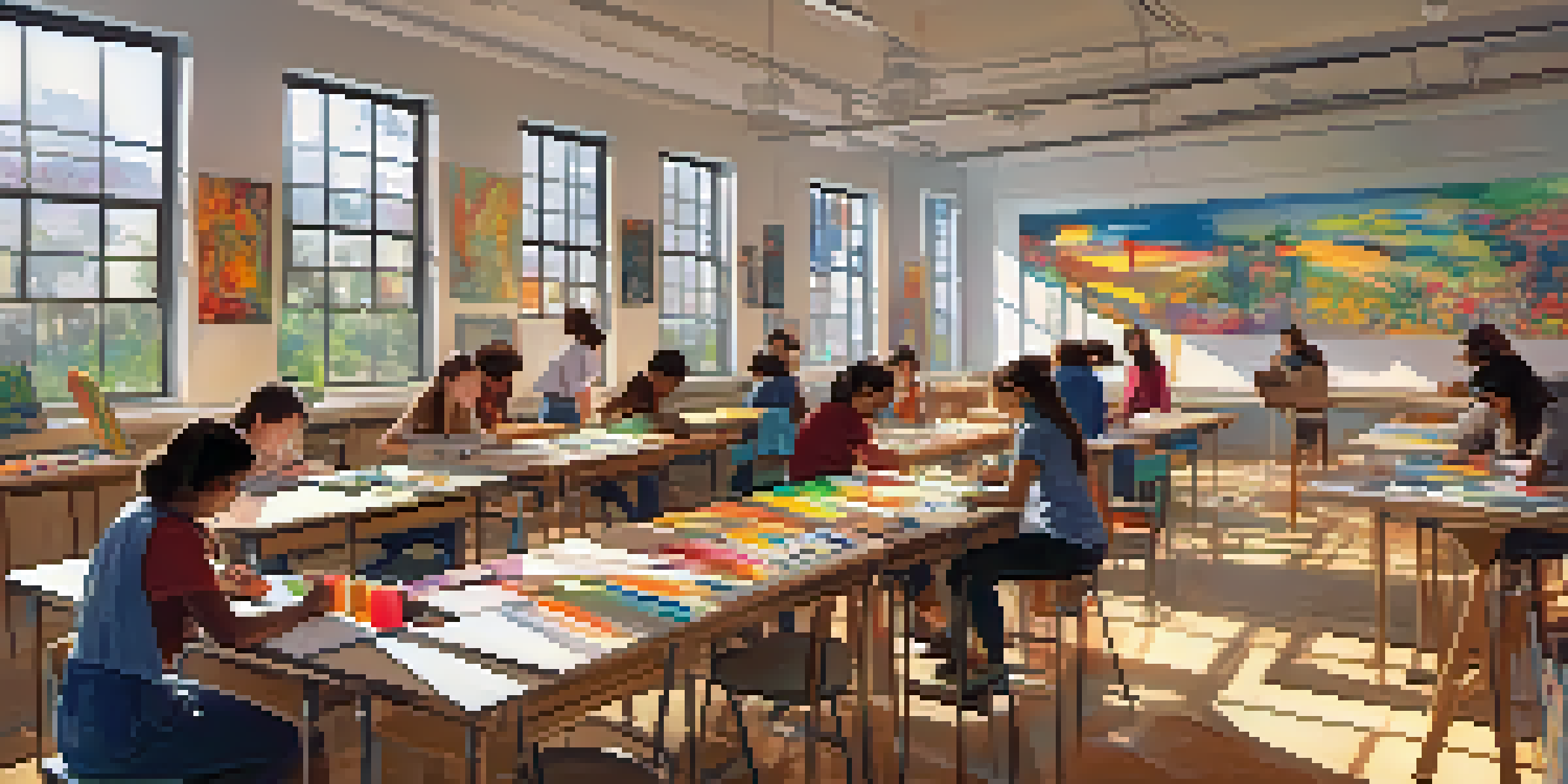 A bright art classroom with students drawing from a still life setup, surrounded by artworks and art supplies.