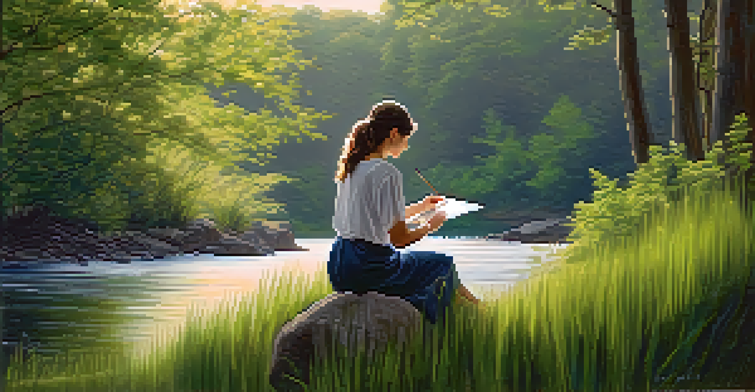 A female artist painting a landscape outdoors, surrounded by greenery and a river, illuminated by soft natural light.