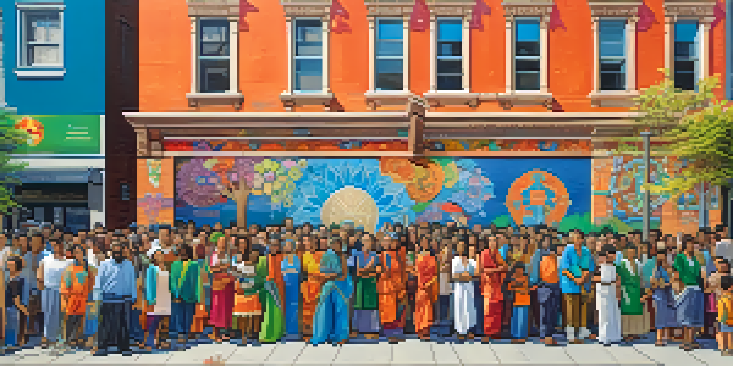 A colorful mural on a city wall showing diverse people standing together, symbolizing unity.