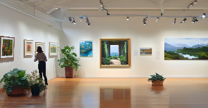 A bright gallery with nature-themed artworks, large windows, and visitors admiring the art.