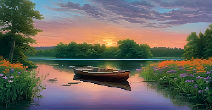 A peaceful lakeside scene during sunset with colorful skies and a small boat.