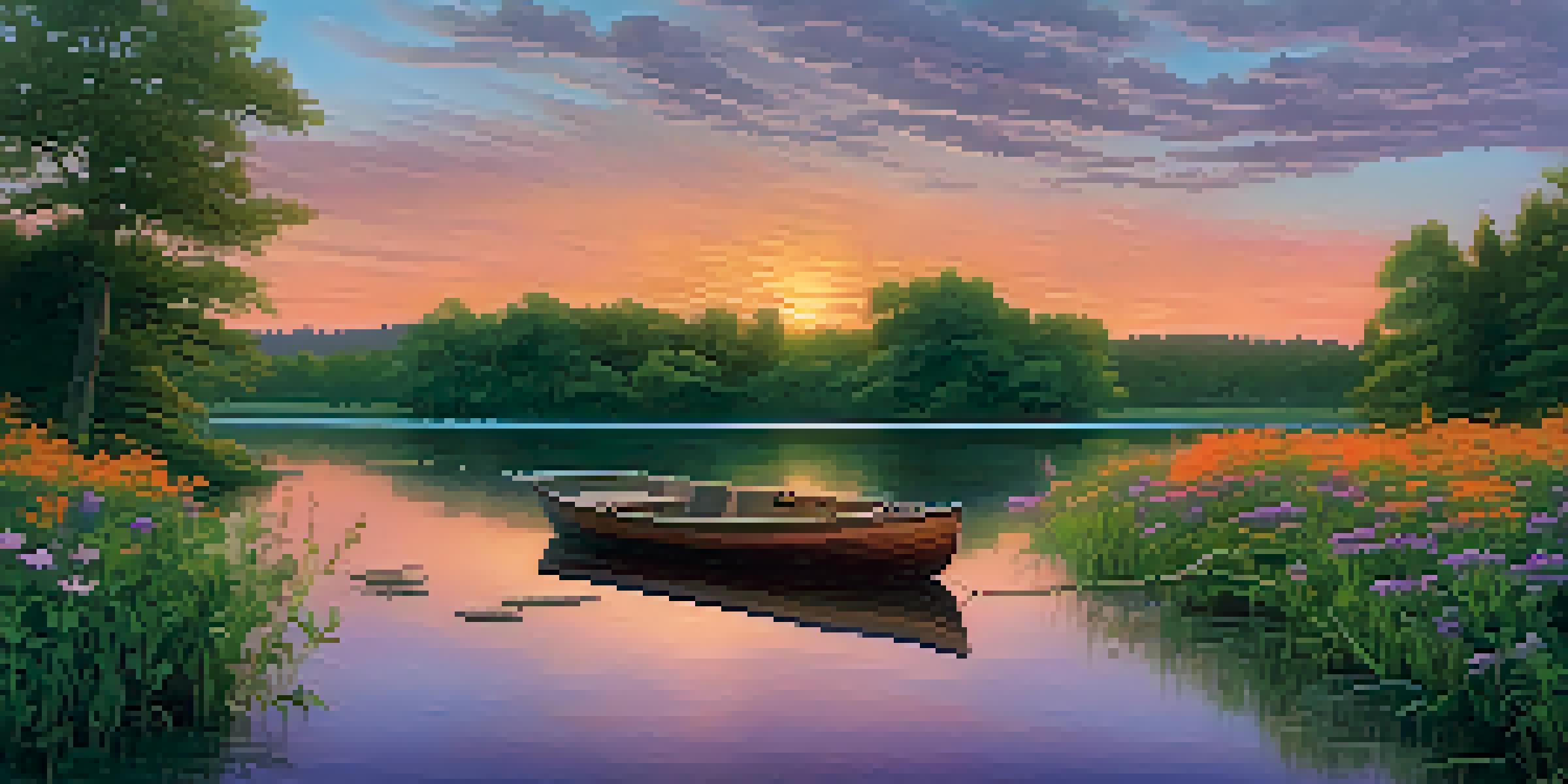 A peaceful lakeside scene during sunset with colorful skies and a small boat.