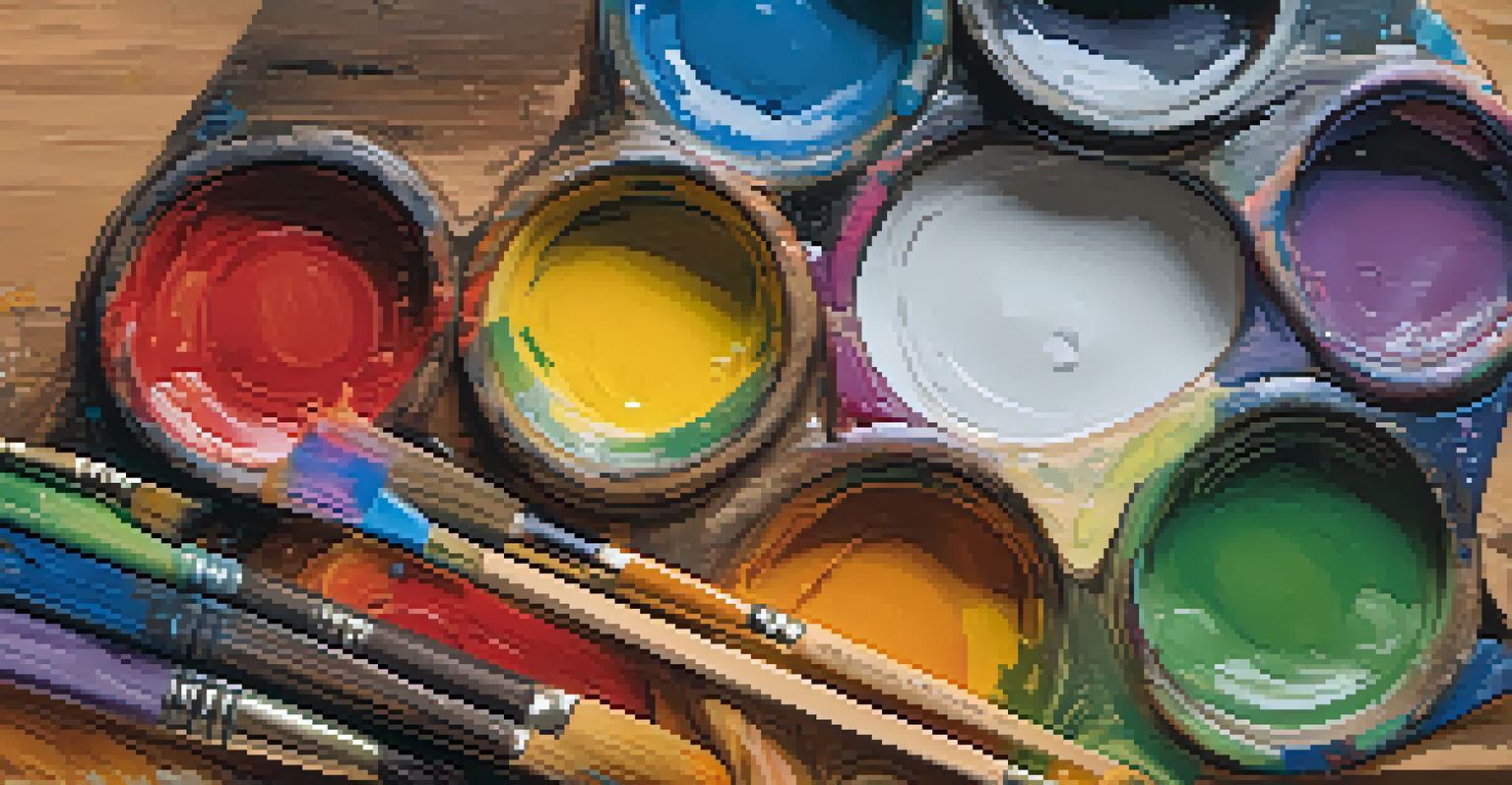 A close-up of a wooden artist's palette with vibrant paints and a brush, showcasing the colors and textures.