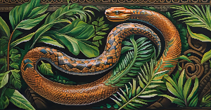A colorful Indigenous tribal painting showing a serpent among green plants, symbolizing life and regeneration.