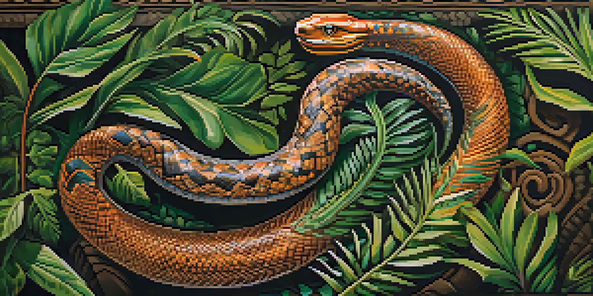 A colorful Indigenous tribal painting showing a serpent among green plants, symbolizing life and regeneration.