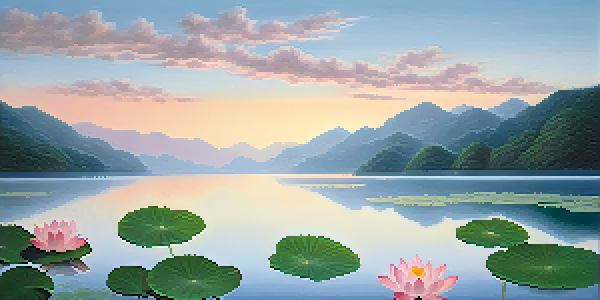 A peaceful landscape with a calm lake, green mountains, and a lotus flower, depicting tranquility and Buddhist themes.