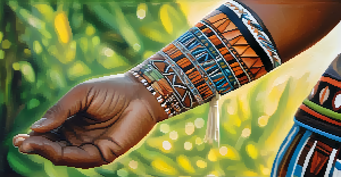 Close-up of a painted arm with intricate Indigenous designs, showcasing vibrant colors and natural skin texture.