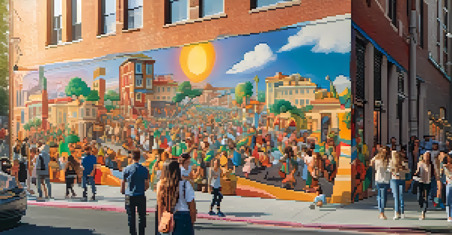 A vibrant outdoor mural with augmented reality elements that come to life, set in a bustling urban environment at sunset.
