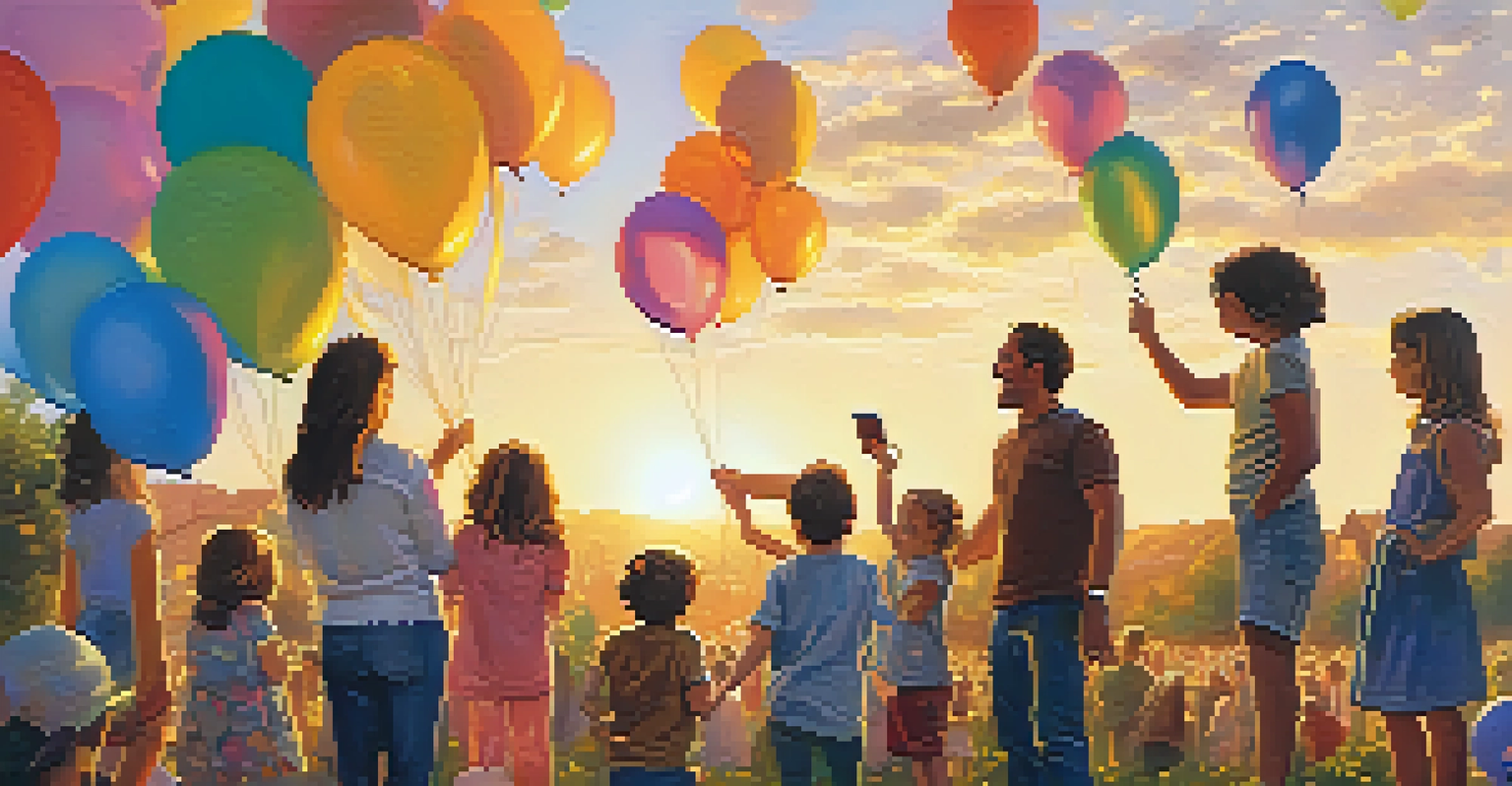 A vibrant outdoor community art event with families and children painting on large canvases, surrounded by decorations and a sunset in the background.