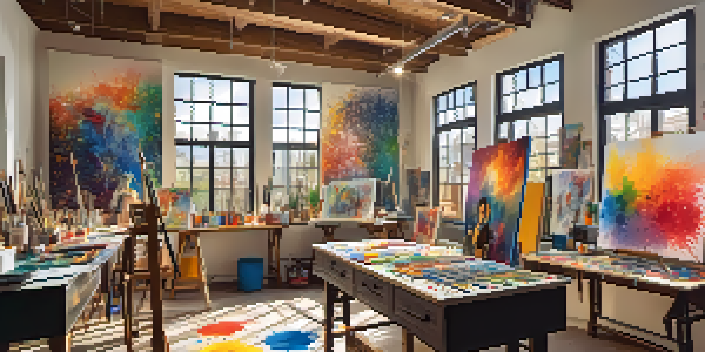 A lively art studio where different artists are working together on a large canvas, surrounded by colorful art supplies and bright sunlight.