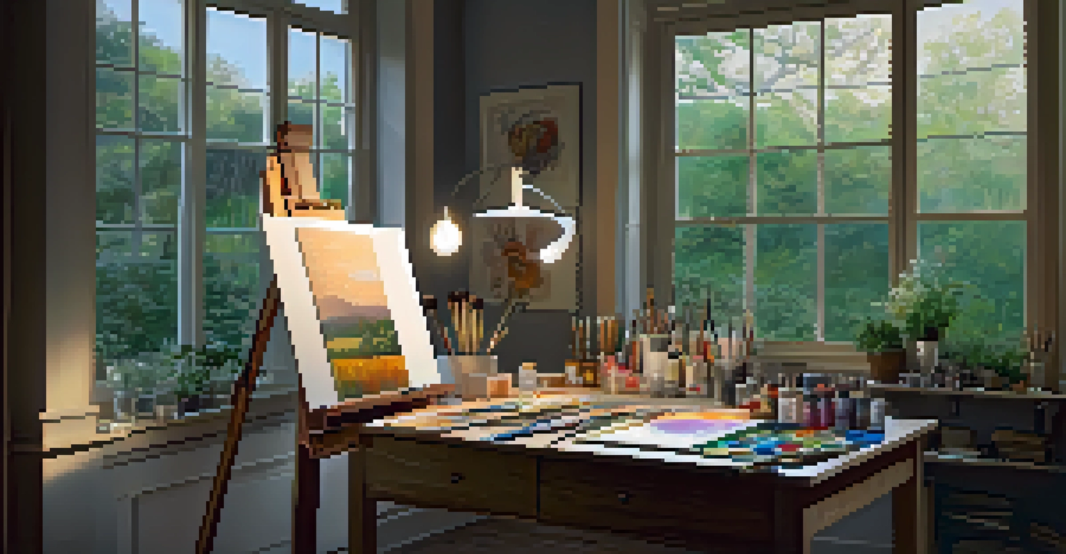 An artist's studio with art supplies and a partially completed painting, illuminated by warm lighting.