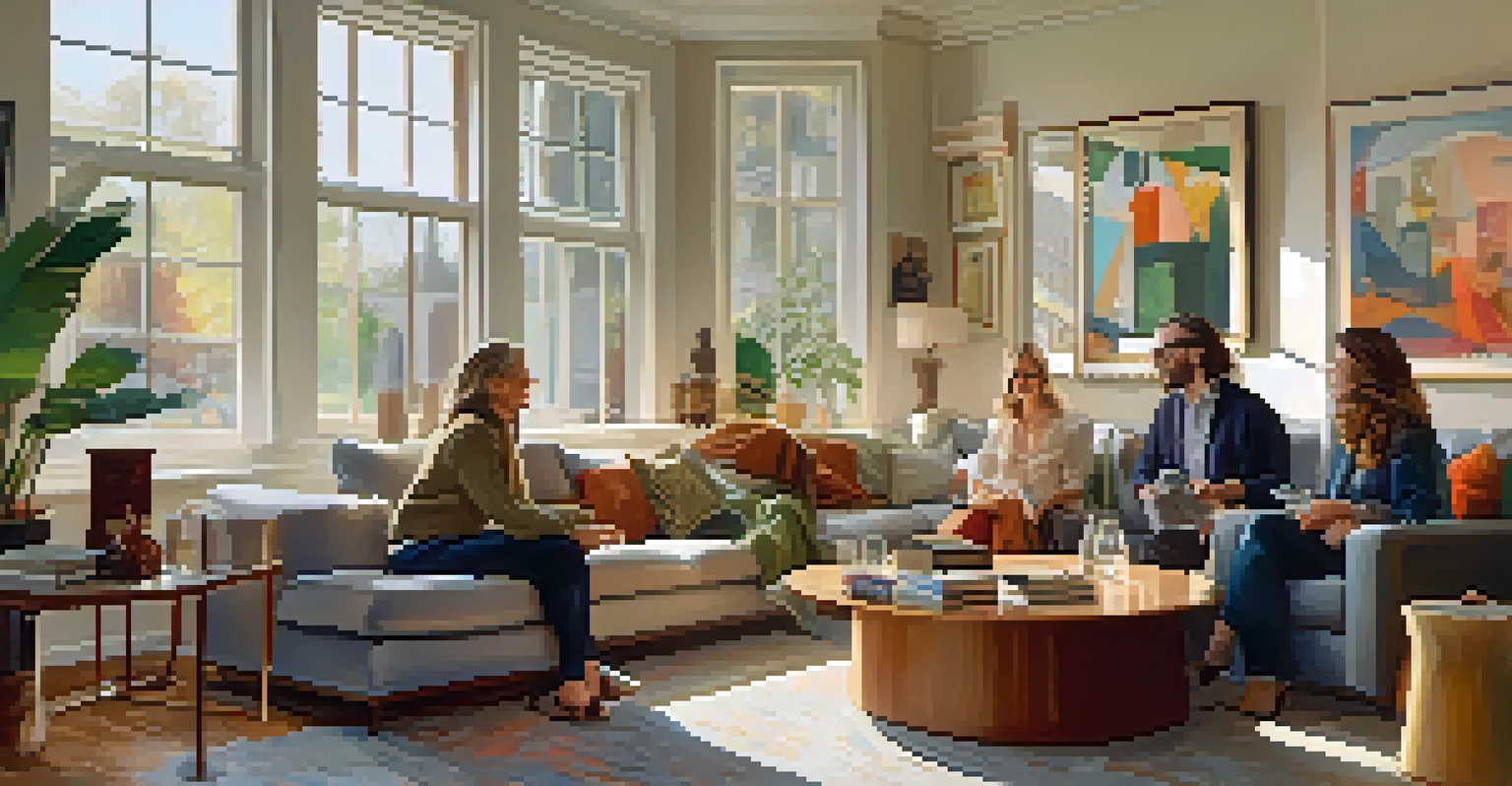 A group of art collectors conversing in a stylish room filled with artwork and art books.