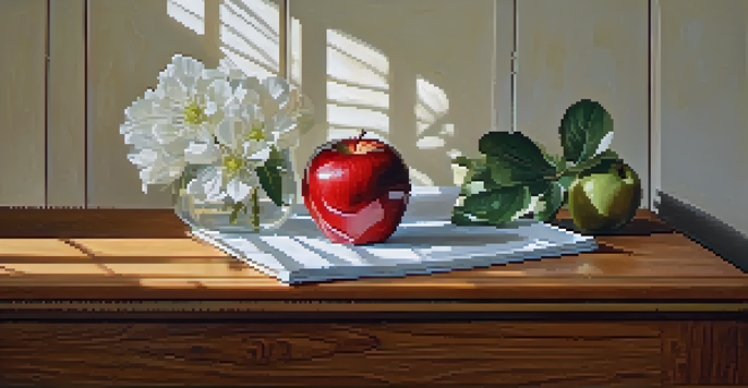 A still life arrangement with a red apple and a white flower on a wooden table, showcasing depth and soft natural lighting.
